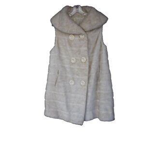 Vintage 1970's Women's White Faux Fur Long Vest Pockets L/XL